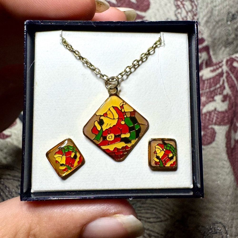 ‘70’s Antique Santa Chain with Pendant and Matching Earrings Set